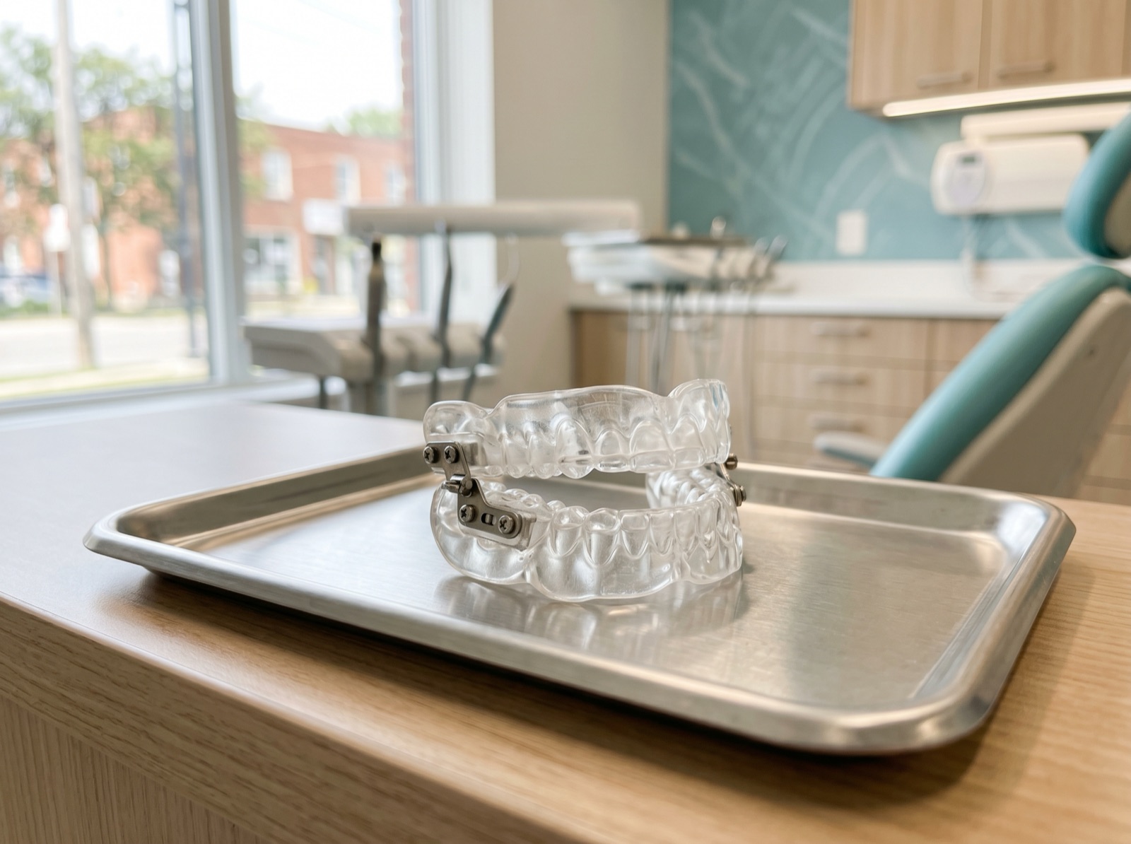 A custom clear acrylic mandibular-advancement oral appliance for sleep apnea on a clean clinical tray