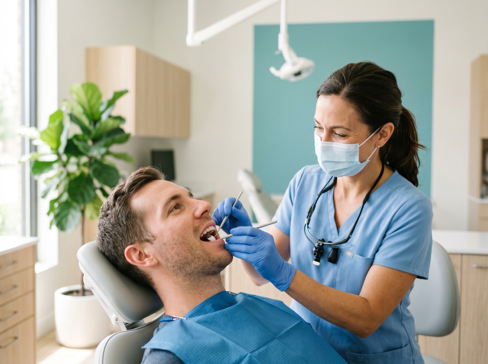 A dentist gently examining a patient's gumline with a dental mirror in a modern operatory