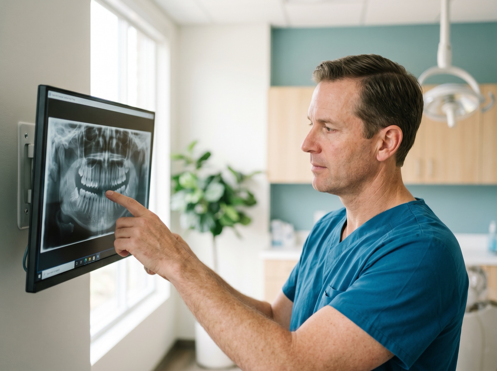 An oral surgeon reviewing a panoramic dental x-ray to plan treatment