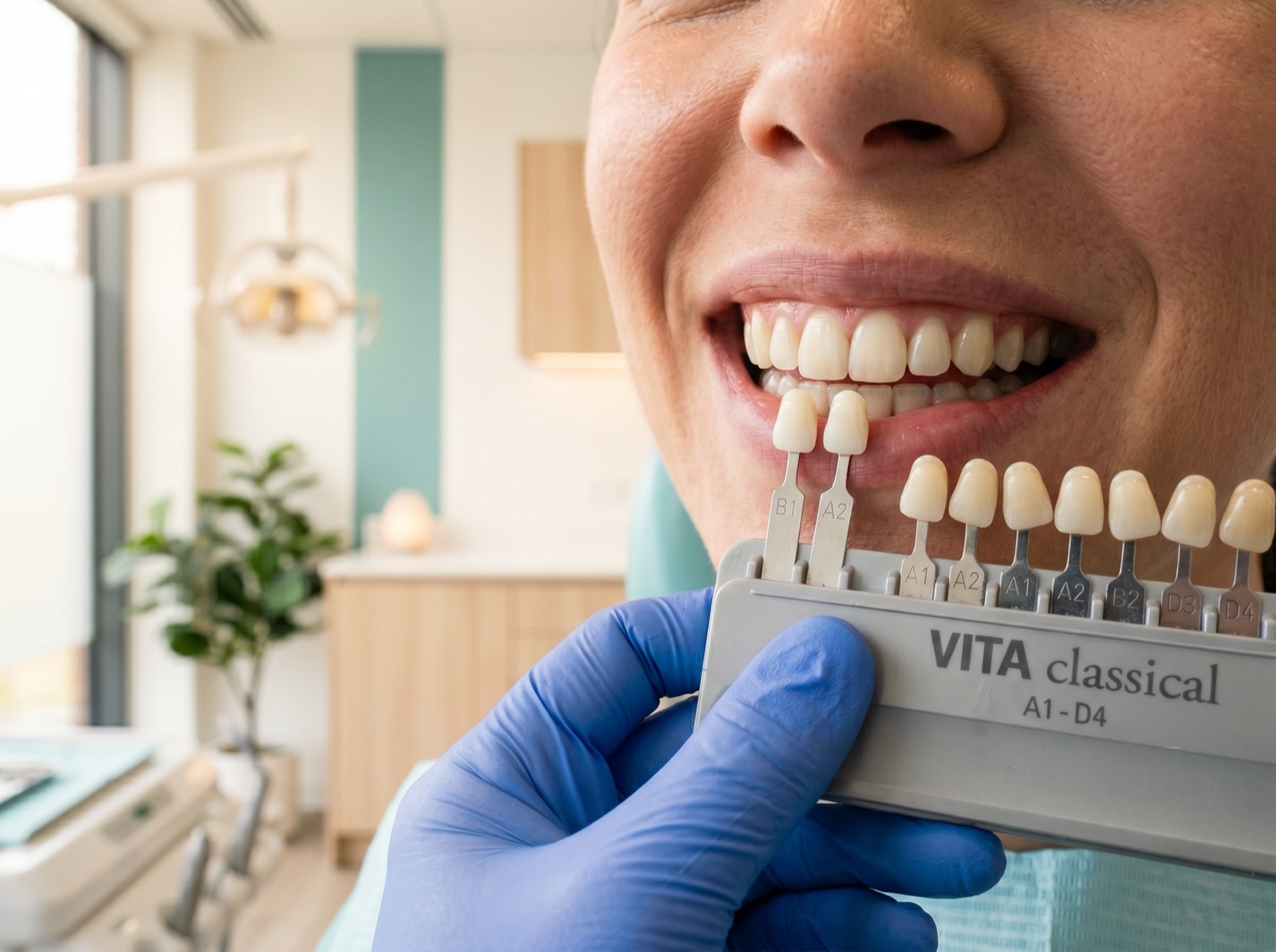 A bright, healthy smile compared against a dental tooth-shade guide