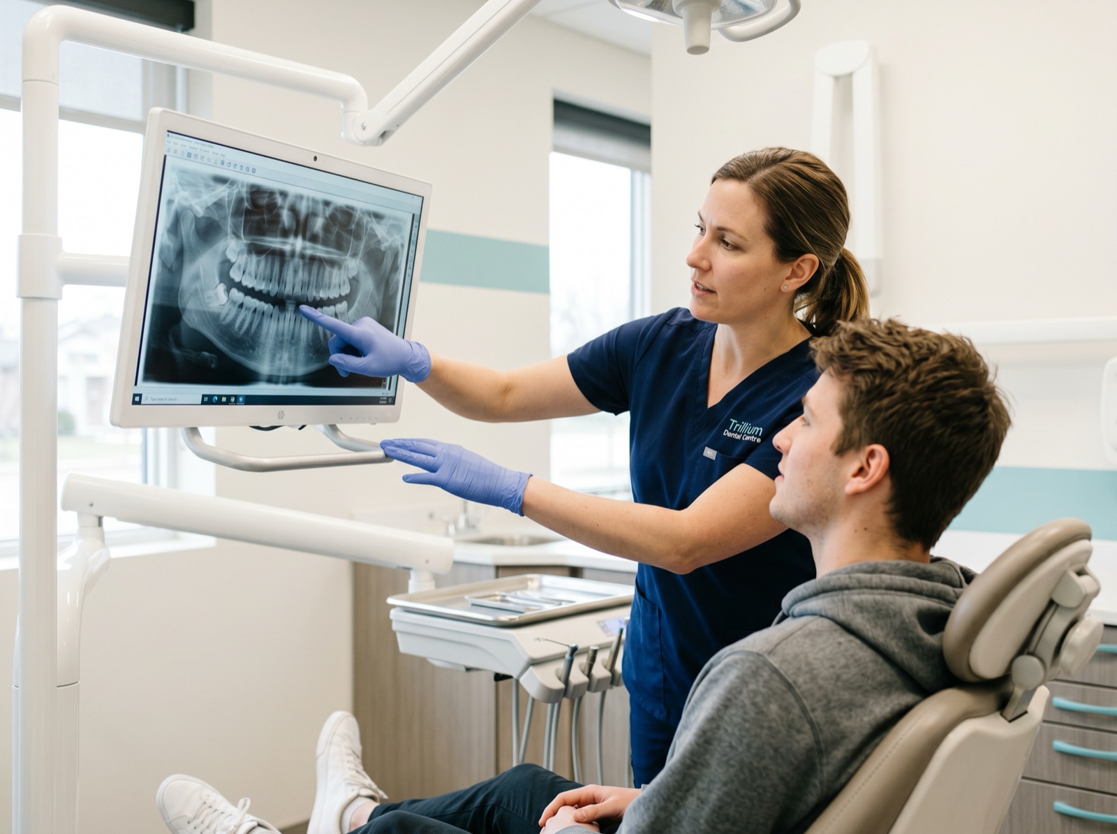 A dentist pointing to a wisdom tooth on a panoramic x-ray while explaining extraction to a young adult patient