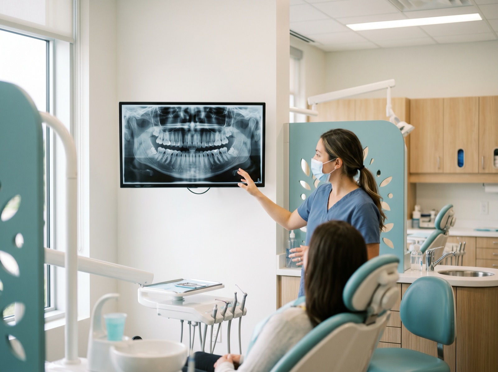 A panoramic dental x-ray on a screen showing impacted lower wisdom teeth angled against the molars